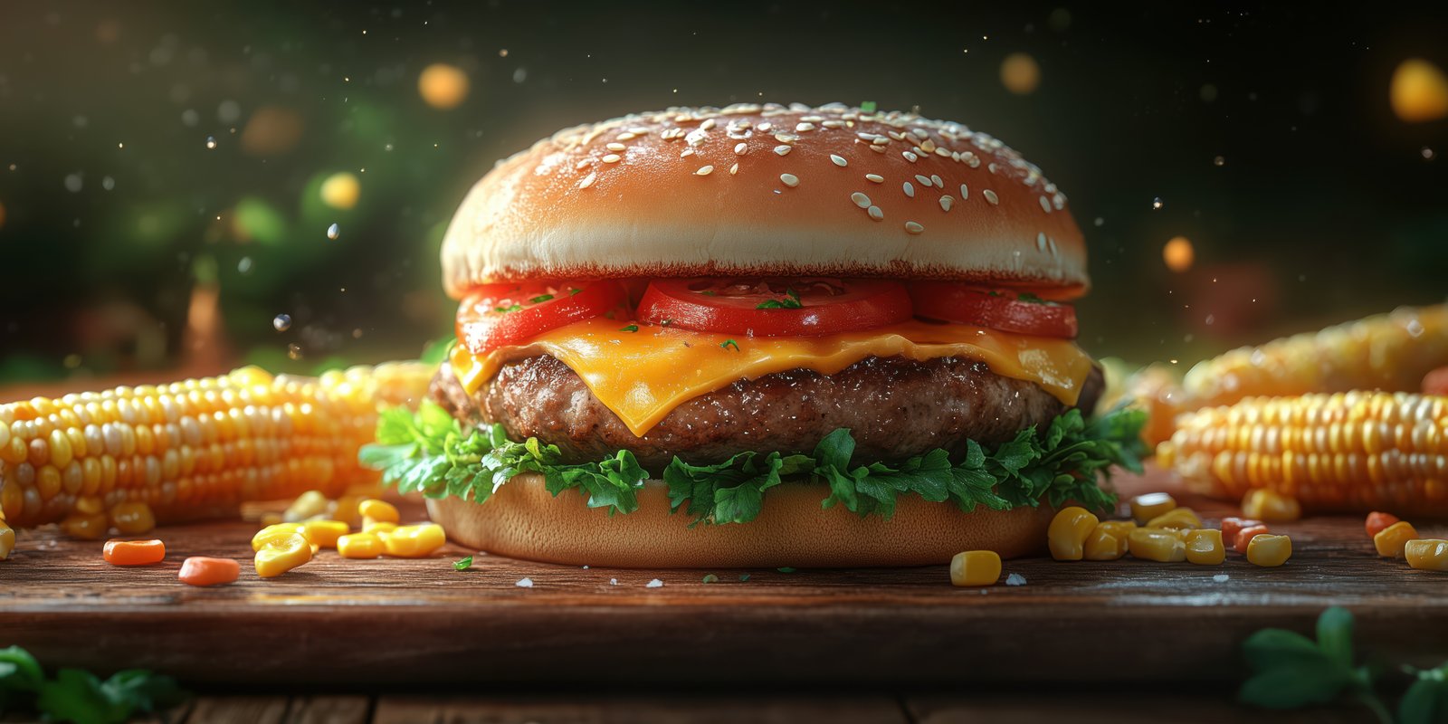 Juicy cheeseburger with fresh toppings surrounded by corn on a rustic wooden table at a summer barbecue gathering